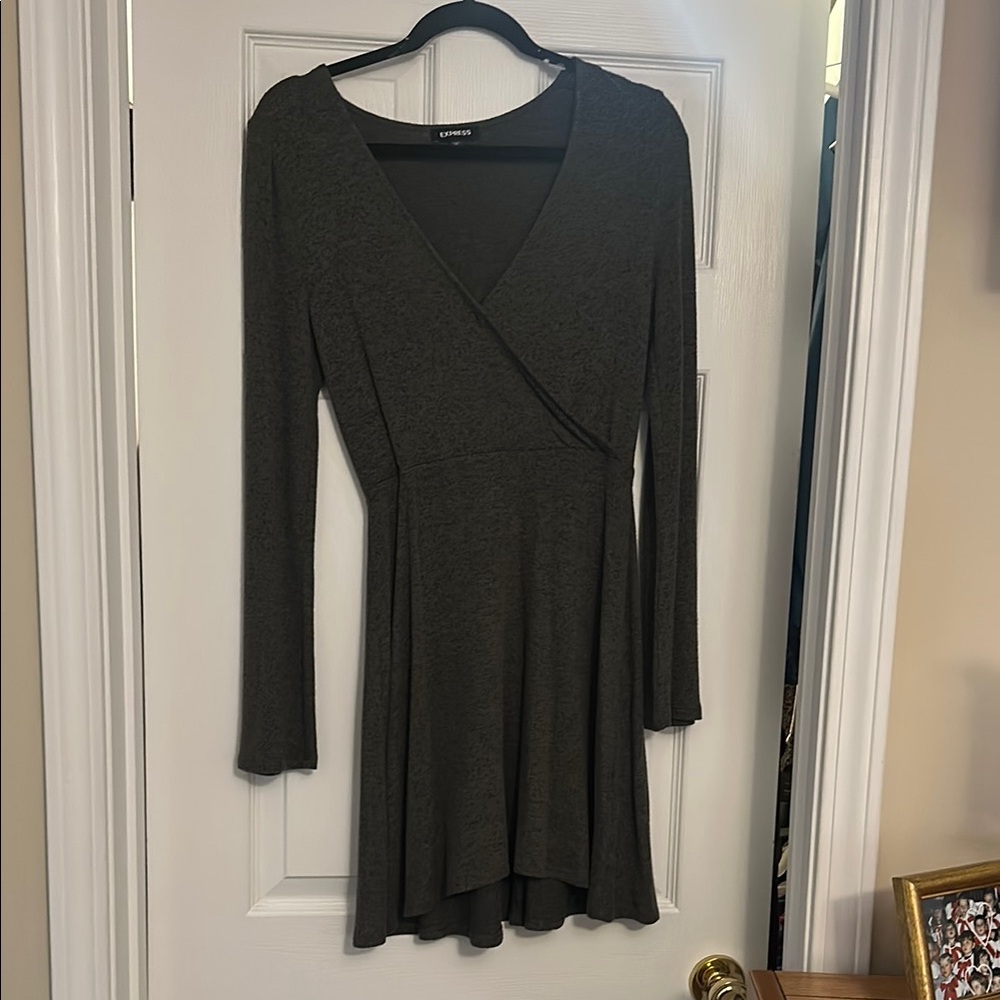 Express Green Fit and Flare Long Sleeve Dress